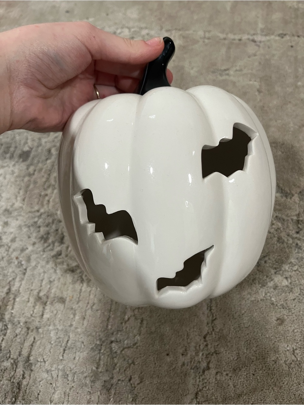 Light up- Ceramic White Pumpkin Lantern with Bat Cutouts
